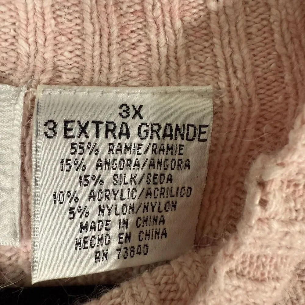 Silk Lore Sweater Women's 3X Pink Ribeed Knit High Neck Ramie Silk Blend